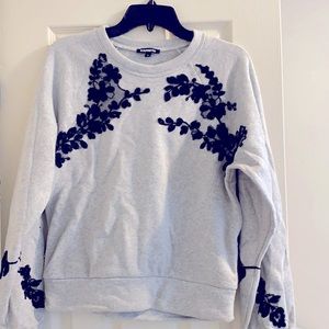 Express grey crew neck sweater with black lace detail